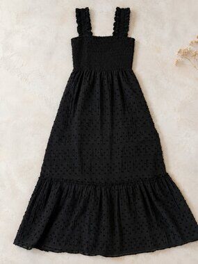 Lucy Paris Black Swiss Dot Smocked Ruffle Strap Tiered Maxi Dress